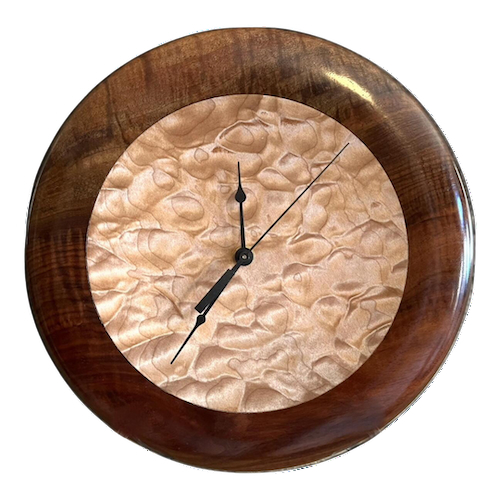 MH102 Clock, Claro Walnut & Quilted Maple $300 at Hunter Wolff Gallery